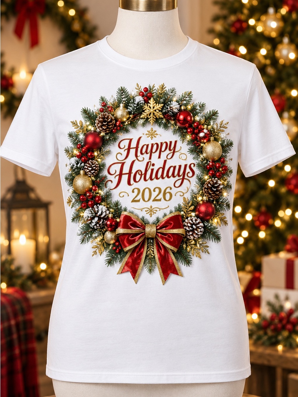 Gildan White Unisex Tee with Red and Gold Holiday Wreath